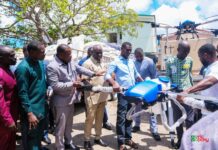Agric Minister presents 40,000 bags of inorganic fertilisers, 5 agriculture drones and 500 boxes of organic fertilisers to Peasant Farmers Association.