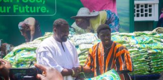 Steven Nhyira Odarteifio, donates a thousand bags of 10kg organic fertilizer to support the 42nd National Farmers Day celebration.